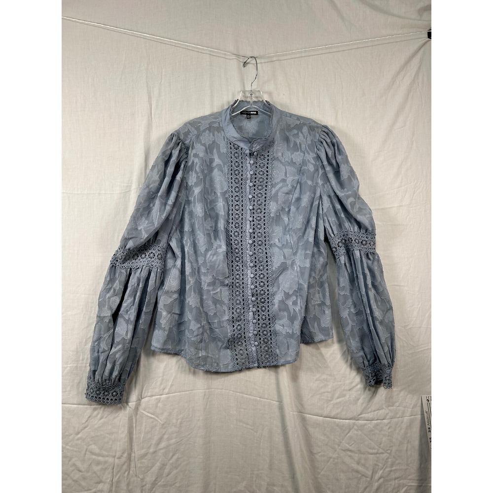 Fashion Nova 2XL Blue Floral Jacquard Lace Trim Puff Sleeve Button Front  #2302